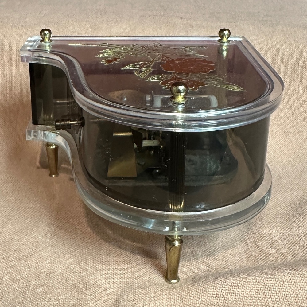 Vintage Sankyo Clear Acrylic Grand Piano Music Box Plays Edelweiss Floral Design - Picture 3 of 12